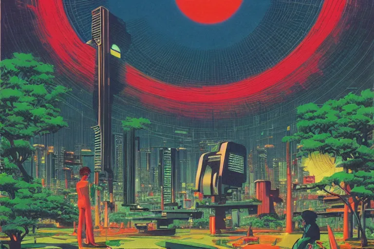 Image similar to 1 9 7 9 omni cover of a lush gated park in the middle of neo - tokyo. art in cyberpunk style by dali, and vincent di fate