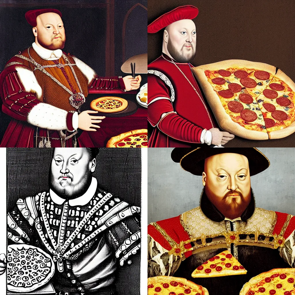 Prompt: henry VIII eating a pizza