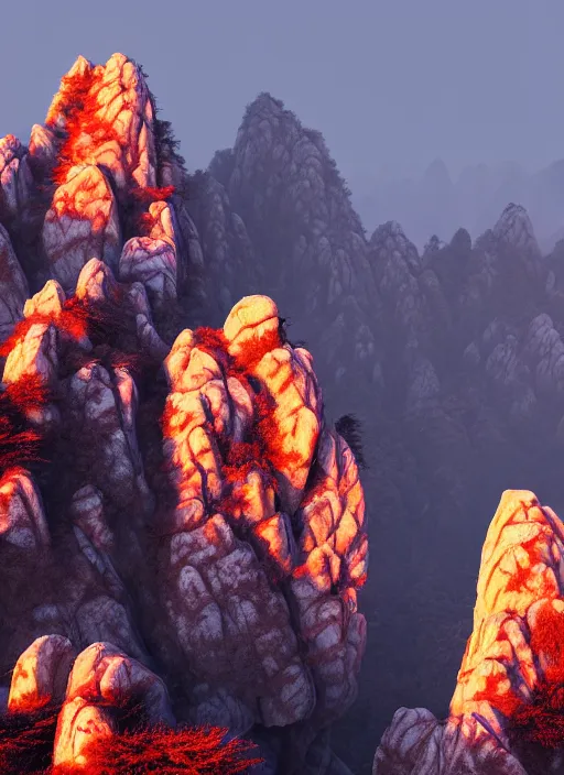 Prompt: a brightly lit landscape of huangshan mountain range anhui province china planet mars, backlight volumetric light gloomy snow mountain, trending on artstation, featured on behance, well - rendered, extra crisp features, intricate detail, epic composition, in the style of unreal engine