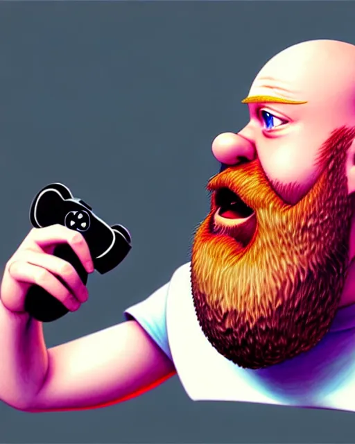 Image similar to 3D illustration depicting a scruffy bearded bald ginger boy, streaming videogames on twitch, complex artistic style, color ink pen illustration, subtle detailing, illustrated by Artgerm and Range Murata.