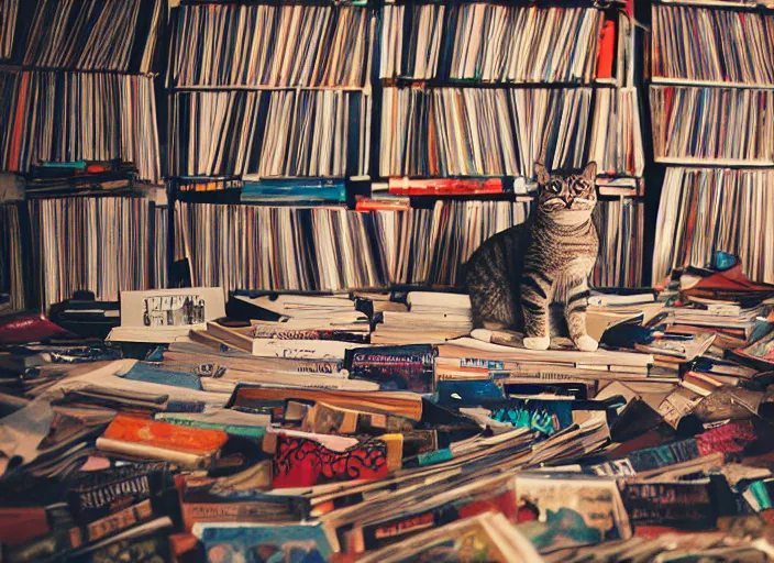 Image similar to photography of a Cat sitting on a pile of books and vinyls. a record player is in the shot. in a room full of vinyls and posters out of the 70's, photorealistic, raining award winning photo, 100mm, sharp, high res