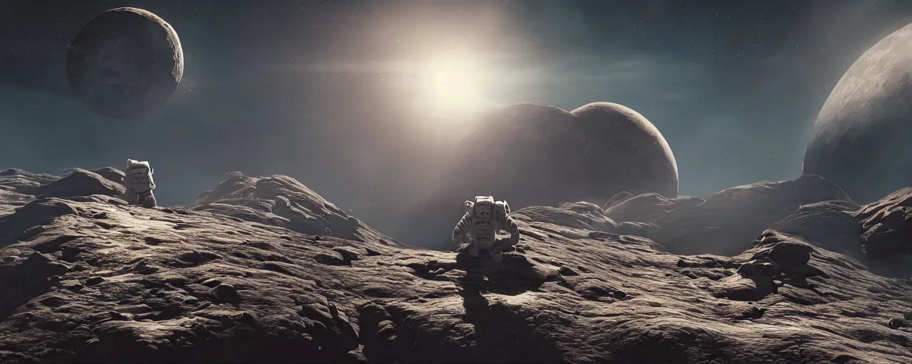 Image similar to astronaut on the moon, beautiful dynamic lighting, cinematic, wide angle establishing shot, extremely high detail, photo realistic, cinematic lighting, post processed, concept art, artstation, matte painting, style by frederic church, raphael lacoste, unreal engine 8 k