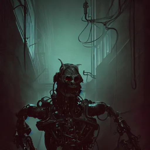 Prompt: A horror scene of a demon in a dark alley, studio lighting, 50mm lens, very detailed, bionic, cybernetic scifi, deep depth of field, artstation, 8K, highly coherent, enigmatic, oil painting, matte, black background,Volumetric dynamic lighting, By Ross Tran