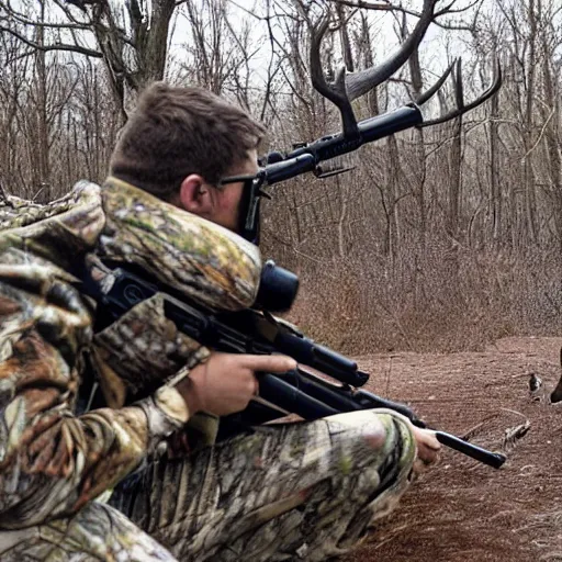 Image similar to Photograph of a deer pointing a rifle at a hunter