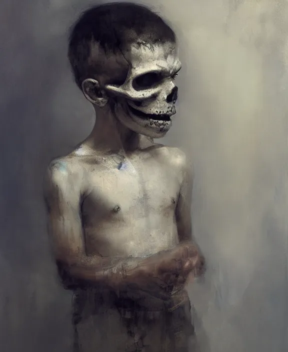 Prompt: a boy wearing a skull by jeremy mann