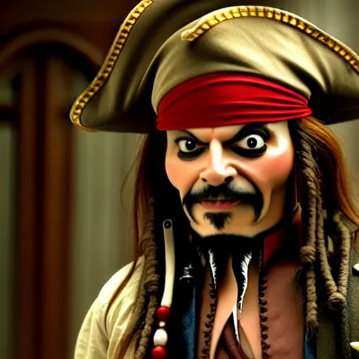 Prompt: mr. bean as jack sparrow from pirates of the carribean. movie still. cinematic lighting.