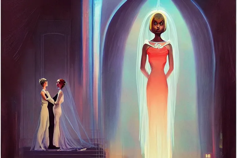 Image similar to wedding day 🫀👩🏾, futuristic wedding dress, neon god of city character portrait, in the style of margaret keane, moebius, tom bagshaw, and waterhouse, cinematic lighting, beautiful, elegant, oil painting,