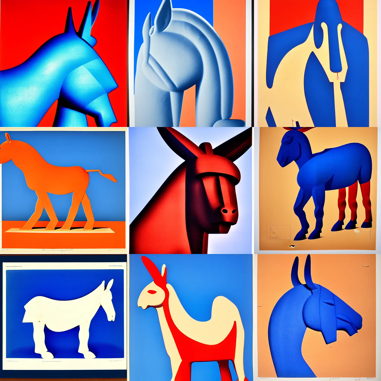 Prompt: duotone lithograph print of cycladic sculpture of a donkey, bold, solid colors, side view, full body, side view, iconic, ultramarine blue and red iron oxide