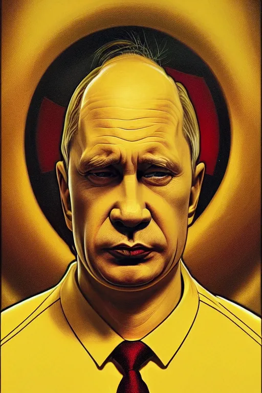 Image similar to vladimir putin as a yellow funny stupid homer simpson, realistic portrait, symmetrical, highly detailed, digital painting, artstation, concept art, smooth, sharp focus, illustration, cinematic lighting, art by artgerm and greg rutkowski and alphonse mucha