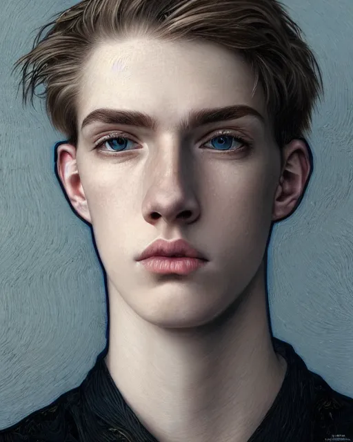 Image similar to portrait of 1 5 - year - old boy, a tall, slender boy with a pale, pointed face, sleek blond hair, and ice grey eyes, wearing black clothes, hyper realistic face, beautiful eyes, close up, fantasy art, in the style of greg rutkowski, intricate, alphonse mucha, hyper detailed, smooth