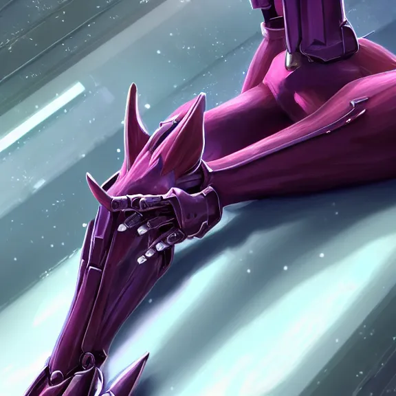 Image similar to very close up foot pov shot, detailed foot shot, paw art, hyperdetailed elegant beautiful stunning hot anthropomorphic mecha female dragon, laying down showing quality mecha dragon feet at camera, furry paw, anthro paw, dragon paw, beans, sharp silver armor fuchsia skin, sleek legs, warframe fanart, furaffinity, deviantart, ekasportal