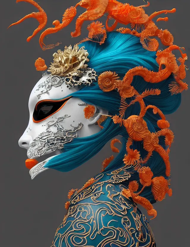 Image similar to 3 d goddess close - up profile portrait biomechanics with ram skull. beautiful intricately detailed japanese crow kitsune mask and clasical japanese kimono. betta fish, jellyfish phoenix, bio luminescent, plasma, ice, water, wind, creature, artwork by tooth wu and wlop and beeple and greg rutkowski. gold and black and teal and orange color scheme