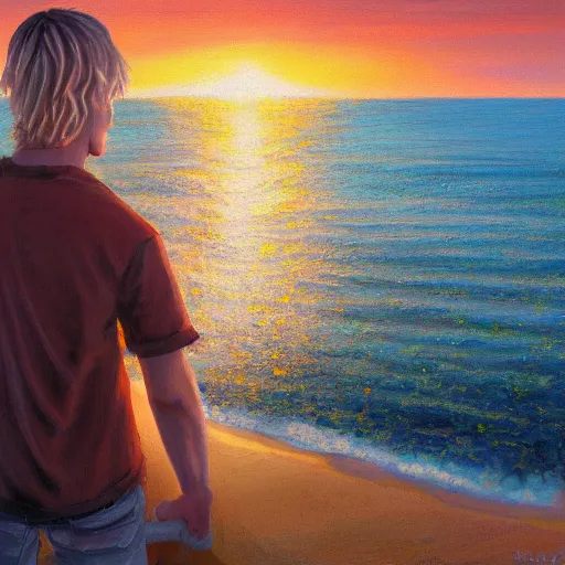 Image similar to a teen guy with a blonde mullet, portrait, sunset, ocean in distance, oil painting, pale colors, high detail, 8 k, wide angle, trending on artstation,