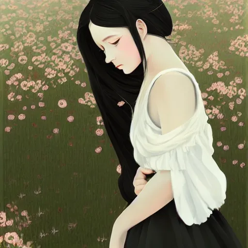 Image similar to little girl with flowers on her long black hair, dressed in a simple white dress, anime art style, digital artwork made by ilya kuvshinov, inspired in balthus