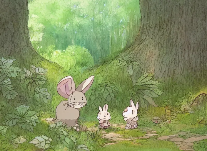 Prompt: a little bunny in a mythical forest next to a pathway, by ghibli studio and miyasaki, illustration, great composition