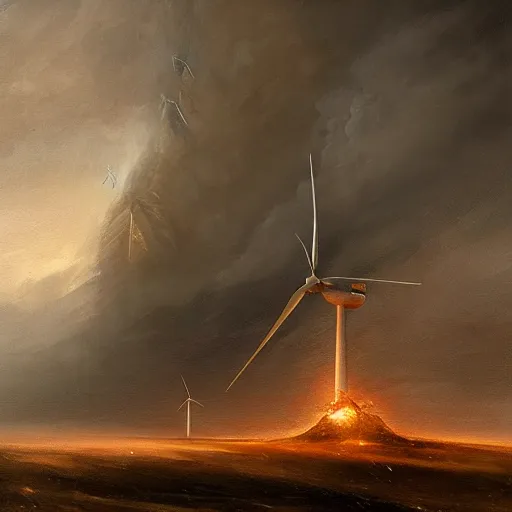 Image similar to still life painting of a wind-turbine getting hit by a volcano, by Greg Rutkowski, iceland landscape, dramatic lighting, epic, gargantuan, intricate detail, trending on artstation