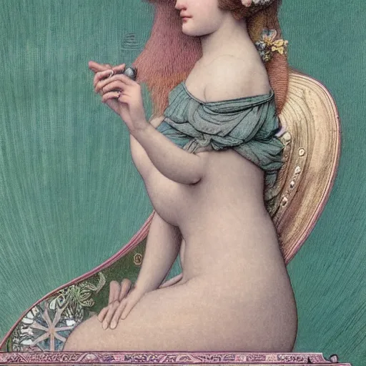 Image similar to hyperrealistic detailed portrait of an e - girl. egirl, art by ernst haeckel, john william godward, hammershøi, alphons mucha, pontormo, ornamental, decorative, art nouveau pattern, lights by hopper, pastel colours,