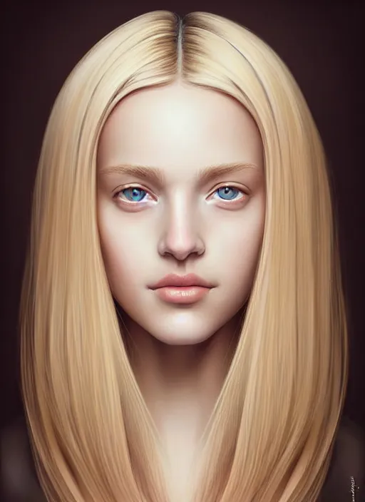 Image similar to beautiful symmetrical face, portrait of young woman blessed with ever - increasing physical and mental perfection, realism, blonde hair, coquettish perfect face!! intricate, elegant, highly detailed, vision of holy perfection!! smile, digital painting, artstation, concept art, smooth, sharp focus, illustration, art by artgerm and greg rutkowski and alphonse mucha