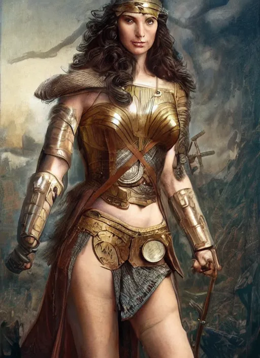 Image similar to highly detailed steampunk gal gadot as a blond standing, iron age : leonardo da vinci, greg rutkowski, magali villeneuve