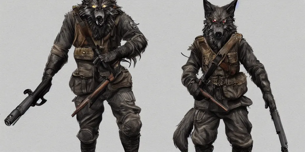 Image similar to Full body concept art of A High fantasy WW1 werewolf firing a enchanted heavy shotgun trending on artstation deviantart Pinterest detailed High Resolution HD 8k