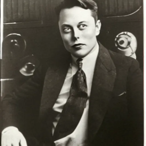 Prompt: an old photo from the 1 9 2 0 s of elon musk, time travel conspiracy