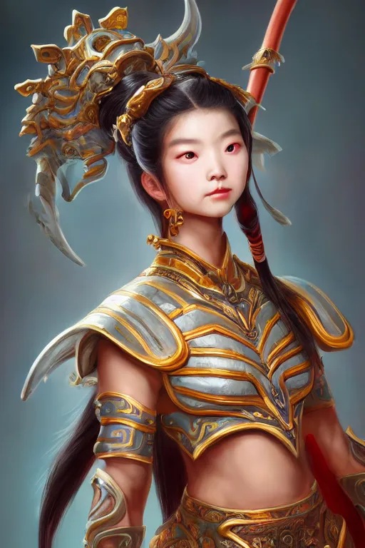 Image similar to a masterpiece portrait of nezha, handsome kid wear holding spear, fantasy character portrait, hyper detailed, digital painting, 8 k realistic, trending on artstation, sharp focus, dof, by ne zha ( 2 0 1 9 ), fenghua zhong, artgerm, ne zha from smite, tsuyoshi nagano, top lighting