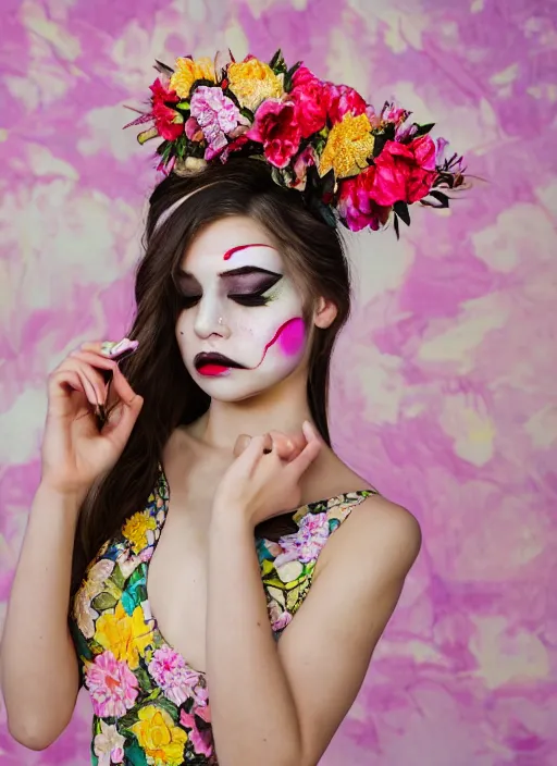 Prompt: a creative portrait of a beautiful female model, beauty shot, floral headpiece, floral painted backdrop, photography, creative makeup, face paint, female character, canon eos r 3, f / 1. 4, iso 2 0 0, 1 / 1 6 0 s, 8 k, raw, unedited, symmetrical balance, in - frame