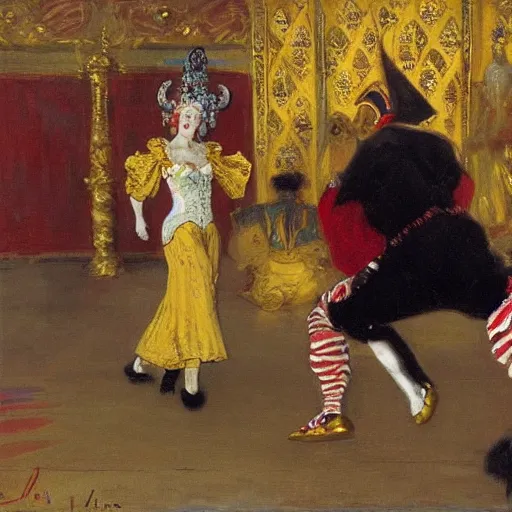 Prompt: a court jester break dancing while the queen watches in confusion and dismay. 85mm Ilya Repin, Lerapi