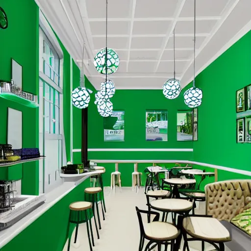 Prompt: interior design of a cafe, green and blue color scheme, vivid lighting, photorealist, 4 k