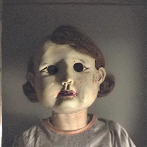 Image similar to dark attic with the man with a doll head