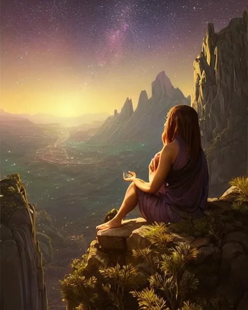 Image similar to zendaya with closed eyes meditating on a mountain cliff by night, lit village in the distance, stars milky way sky, deep focus, D&D, fantasy, intricate, elegant, highly detailed, digital painting, artstation, concept art, matte, sharp focus, illustration, hearthstone, art by Artgerm and Greg Rutkowski and Alphonse Mucha