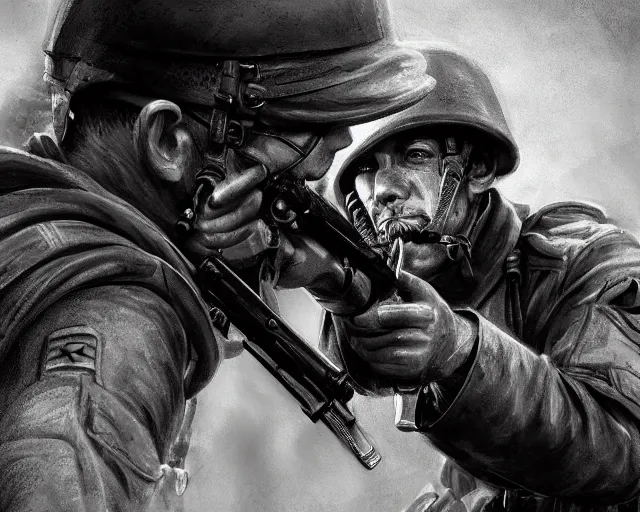 Prompt: A soldier aiming a gun, hateful face, world war 1, close-up, realistic face, beautiful face detail, mature facial features, black and white, amazing digital art, hyper detailed, artstation, in the style of Tony Sart