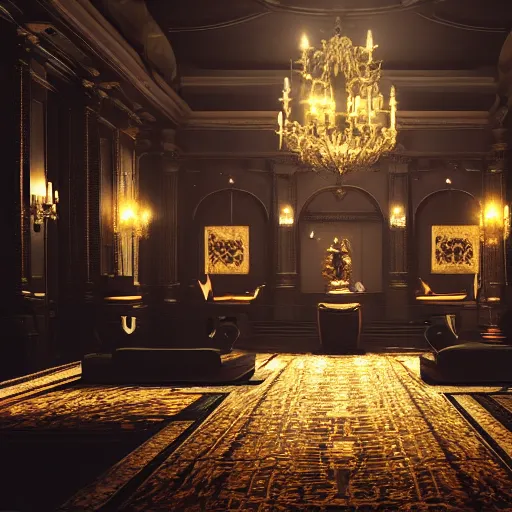 Image similar to upscale mysterious private auction, unnameable relics on display, cinematic lighting, moody lighting, extravagant details, lobby in the distance, elite dark figure