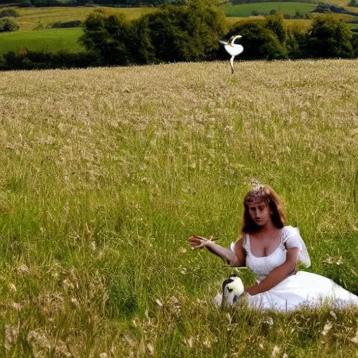 Prompt: thistles, dew on the grass, sun, woman and a swan. a meadow, late english summer. folk horror style. beautiful. gothic. dreamy