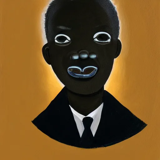 Image similar to a painting of a fatherly, aquiline nose, wide forehead, round face, XXL , loving, caring, generous, ever-present, humble, wise elder from Kenya with a friendly expression in a suit by Kara Walker . Fatherly/daddy, focused, loving, leader, relaxed,. ethereal lights, details, smooth, sharp focus, illustration, realistic, cinematic, artstation, award winning, rgb , unreal engine, octane render, cinematic light, macro, depth of field, blur, red light and clouds from the back, highly detailed epic cinematic concept art CG render made in Maya, Blender and Photoshop, octane render, excellent composition, dynamic dramatic cinematic lighting, aesthetic, very inspirational, arthouse.