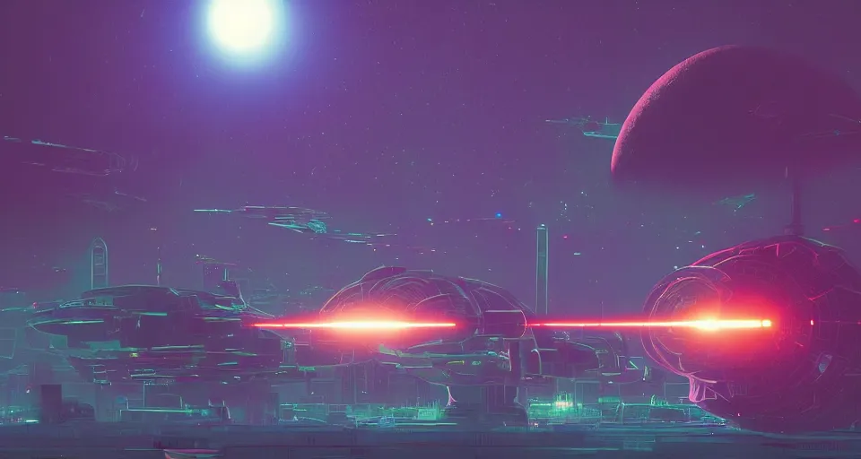 Image similar to GIANT ORBITAL DEATH CANNON, DEATH STAR, Low orbital laser cannon shooting a neon beam down on the landscape, neon laser cannon, cinematic, rendered by Beeple, Makoto Shinkai, syd meade, simon stålenhag, star wars, inspired by Gundam, environment concept, digital art, unreal engine, 3 point perspective, WLOP, trending on artstation, low level, 4K UHD image, octane render,