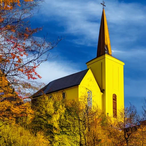 Image similar to a large yellow building with a steeple on top of it, up a hill, a picture by werner andermatt, shutterstock contest winner, heidelberg school, wimmelbilder, hdr, sabattier filter