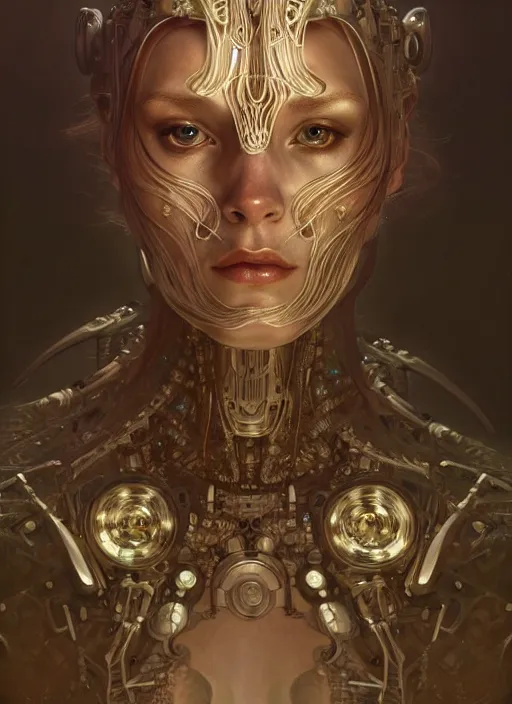 Prompt: ancient organic cyborg, diffuse lighting, fantasy, intricate, elegant, highly detailed, lifelike, photorealistic, digital painting, artstation, illustration, concept art, smooth, sharp focus, art by John Collier and Albert Aublet and Krenz Cushart and Artem Demura and Alphonse Mucha