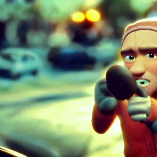 Image similar to a cinematic still of the Pixar version of the movie 8 Mile, epic lighting, shallow depth of field