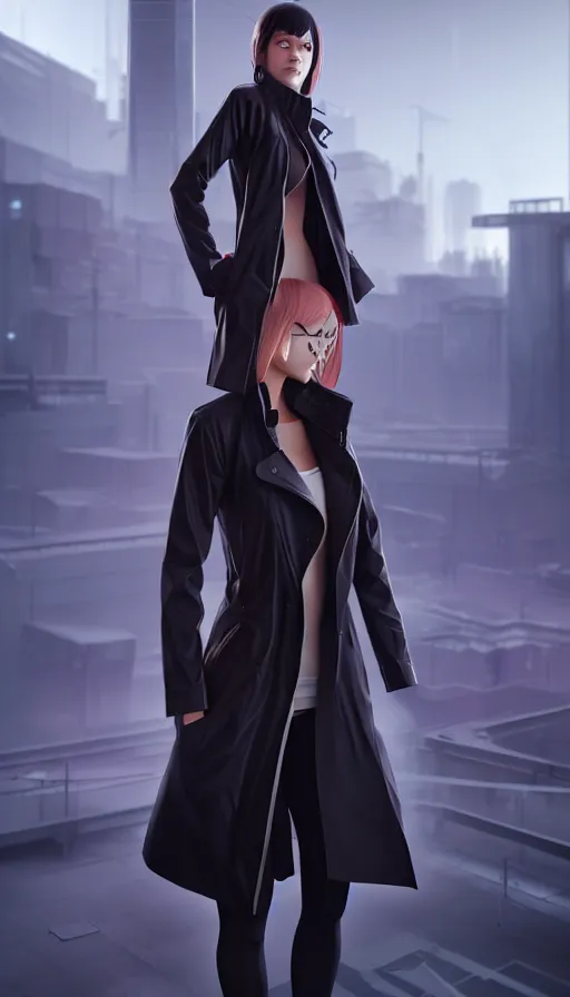 Image similar to realistic render of a cyborg - girl wearing a long trench coat by ross draws, futuristic dystopian city by ilya kuvshinov, digital anime art by ross tran, composition by sana takeda, lighting by greg rutkowski