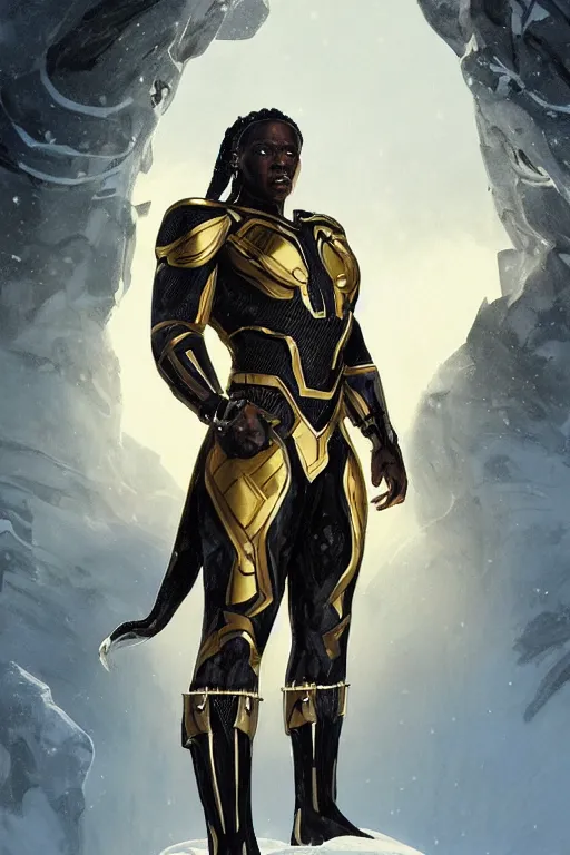 Image similar to ultra realistic illustration, wakandan warrior in white and gold suit standing in a heroic pose in the snowy mountain, hacknaut cyberpunk, sci - fi, fantasy, intricate, elegant, highly detailed, digital painting, artstation, concept art, smooth, sharp focus, illustration, art by artgerm and greg rutkowski and alphonse mucha