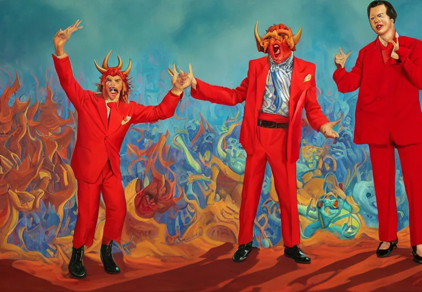 Prompt: A retro 1980s game show being hosted by a charming-looking horned Satan devil in a colorful red suit at center-stage, in front of a live studio audience of demons and strange creatures in the bleachers, in the middle of a cavernous firey molten landscape of Hell, oil on canvas, painting, cohesive, stylistic, trending on Artstation, 4k, wide shot