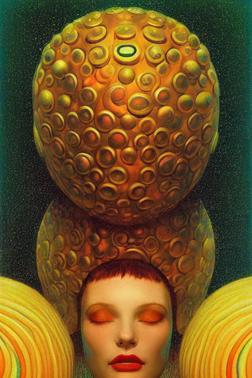 Image similar to art deco close up portait of mushroom head with big mouth surrounded by spheres, rain like a dream digital painting curvalinear clothing cinematic dramatic fluid lines otherworldly vaporwave interesting details epic composition by artgerm rutkowski moebius francis bacon gustav klimt