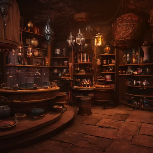 Prompt: inside a magical item shop, fantasy potion vendor interior, dark art, gothic interior, small details, 8K, octane render, unreal engine