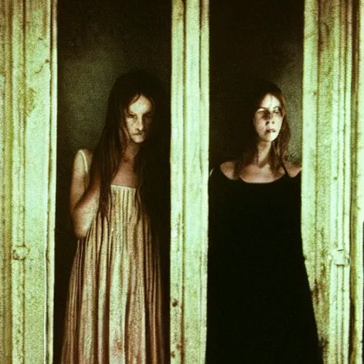 Image similar to a beautiful and eerie picture of two women wearing nightdresses in an abandoned mansion in silent hill. Photographed in the 1970s, by Alan Lee