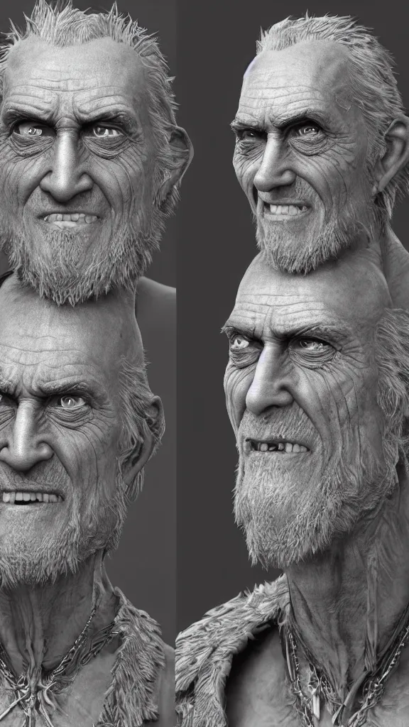 Prompt: A highly detailed portrait 3D render of a craggly old man, wise, gaunt, ancient. Smiling. ZBrush, Blender. Trending on cgsociety. Dramatic lighting. Beautiful. By Mark Mann and Jimmy Nelson.