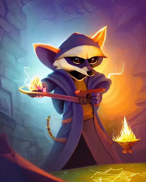 Image similar to closeup, highly detailed digital illustration portrait of hooded sorcerer sly cooper raccoon casting a magical glowing spell in a castle, action pose, d & d, magic the gathering, by rhads, lois van baarle, jean - baptiste monge, disney, pixar,