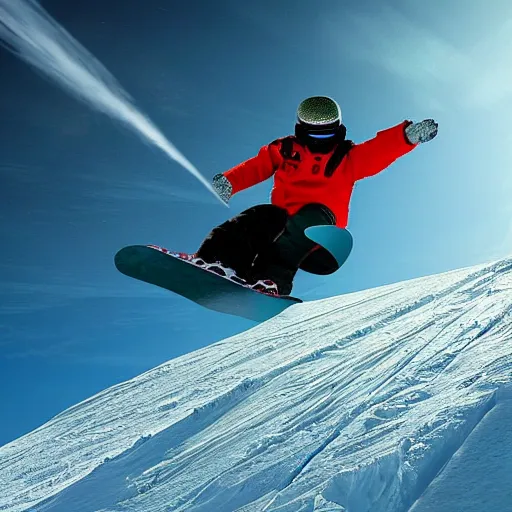 Image similar to snowboarder racing down a slope with a jet engine attached, scifi, futuristic, redline