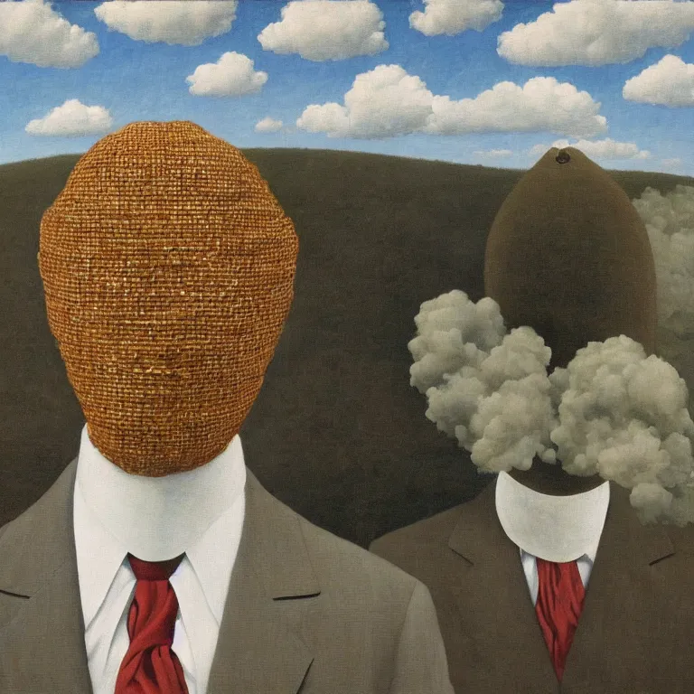 Image similar to portrait of a burlap sack - head man in a suit, clouds in the background, by rene magritte, detailed painting, distance, centered, hd, hq, high resolution, high detail, 4 k, 8 k