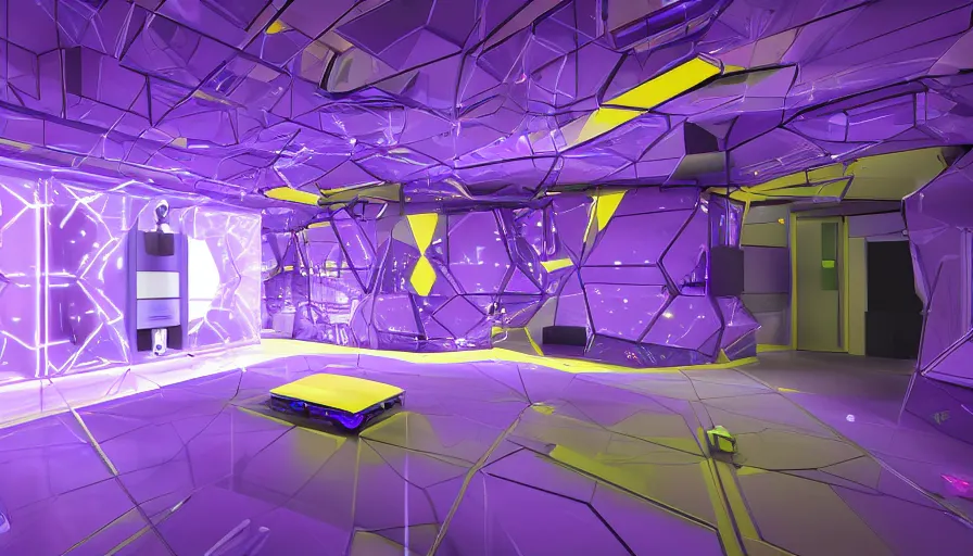 Prompt: geometric cavern control panel room with led computer interfaces on every surface. a robot assistant is idle inside a transparent container. purple and yellow color scheme, dark lighting, high contrast, octane render, ray - tracing, 4 k, high quality desktop wallpaper